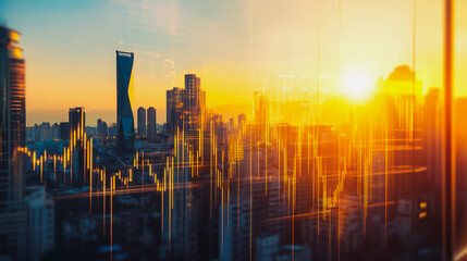 Abstract business team stands on the peak of success amid tall, innovative Smart city and graphs with statistics to analyze business potential and predict future developments in company growth.