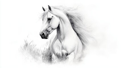  A black-and-white drawing of a galloping horse in a field of tall, waving grass The horse's mane and tail stream behind, blurred by the wind