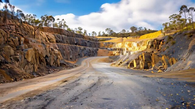 Rugged quarry landscape with winding dirt road against rocky cliffs