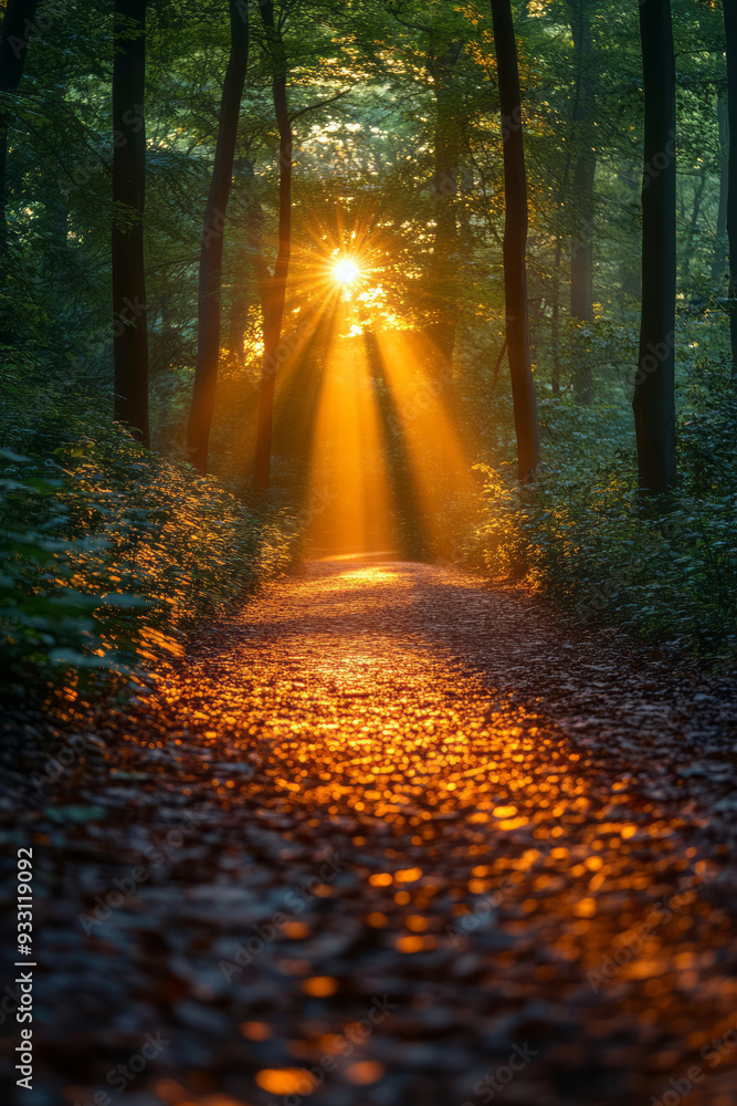 Poster a sun-drenched path leading through a dense forest, with rays of light filtering through the leaves,