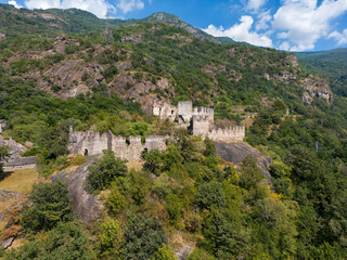 Fototapeta premium Aerial view of the medieval castle of Cesnola located in Settimo Vittone Turin Italy