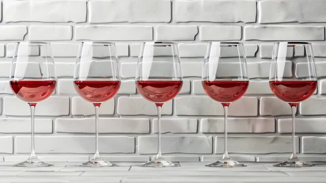 Row of wine glasses filled with red wine against white brick wall