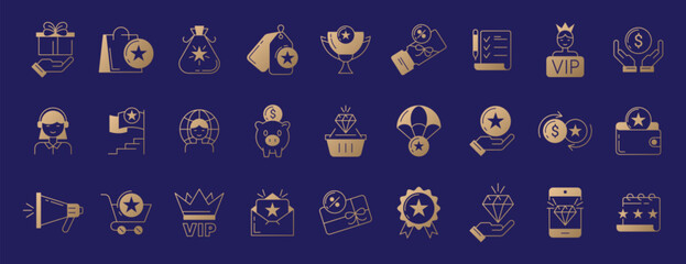 Exclusive benefit line icons. Loyalty program linear golden icon set with reward, incentive, voucher, sale coupon, trophy award, gift box and vip client card. Star coins in bag or wallet. Bonus points