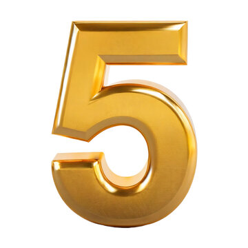 3d gold number 5 or five on white background