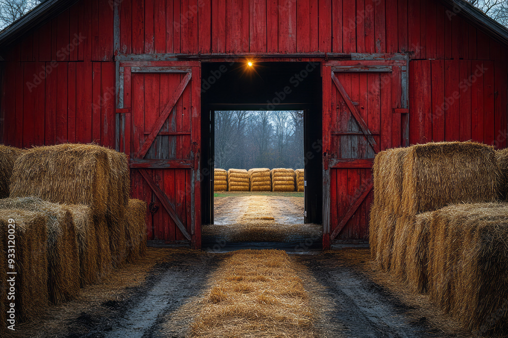 Poster a rustic barn with an open door, where hay bales are stacked and the scent of fresh hay fills the ai