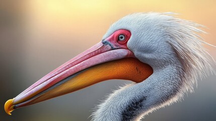  A tight shot of a bird with a lengthy neck and a sizable beak, adorned with red and yellow stripes on its head