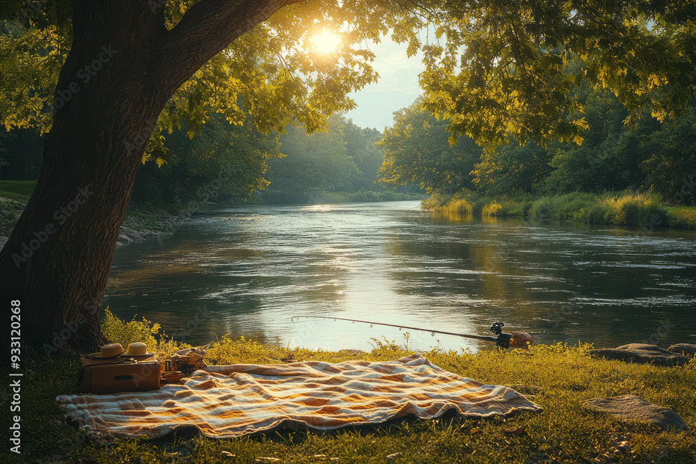 Poster a lazy afternoon by the river, with a fishing rod propped up against a tree and a picnic blanket spr
