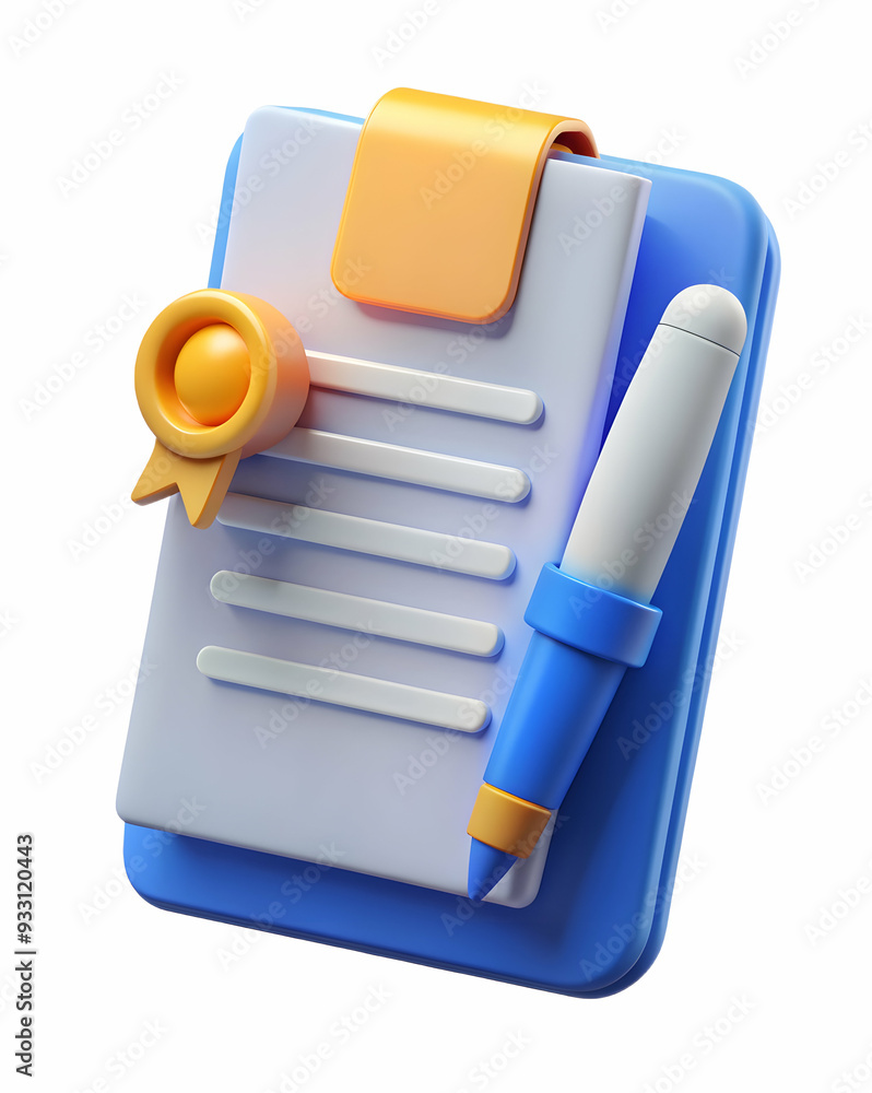 Poster 3d flat icon as warranty booklet and a pen symbolizing documentation and warranty with ample space f