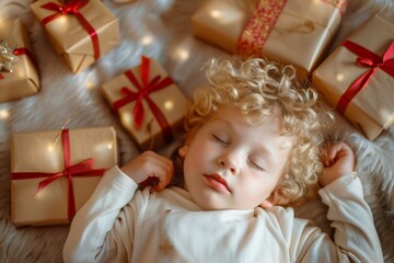 Bedtime routine of little one curly locks calmly sleeping. Young boy surrounded nighttime warmth peacefully snoozing. Bedtime tranquility stands allegory perfect innocence and safety.