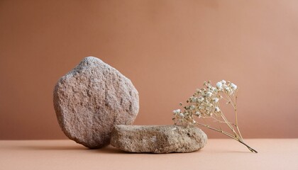Abstract nature scene Stone podium composition and dry flower on beige brown background for cosmetic, beauty product branding, perfume, skin care and cosmetic backdrop. Copy space, front view