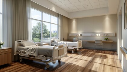 Spacious Modern Hospital Room with Large Windows and Natural Light
