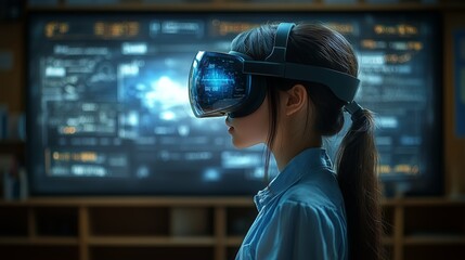 A student wearing virtual reality glasses explores educational content while seated in a modern classroom, surrounded by digital displays and learning resources.