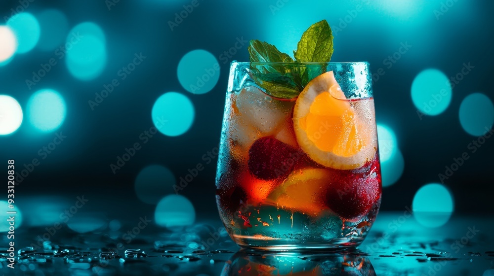 Poster  A tight shot of a glass holding fruit-studded beverage on a table, surrounded by softly blurred lights in the backdrop