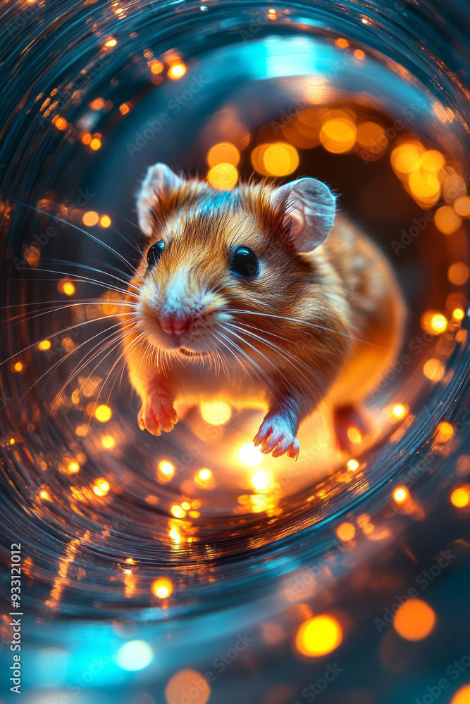 Poster a hamster running in a glowing, high-tech exercise wheel, generating colorful lights with each step,