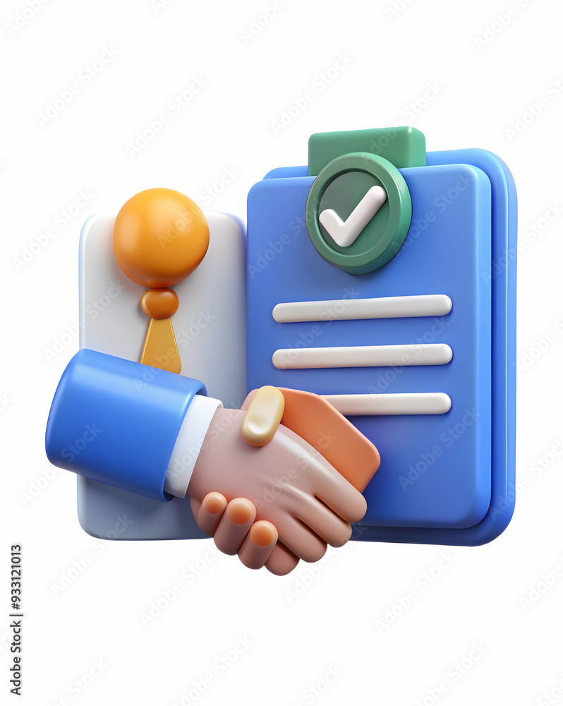 Poster 3d flat icon as warranty card and a hand shake symbolizing trust and agreement with ample space for 