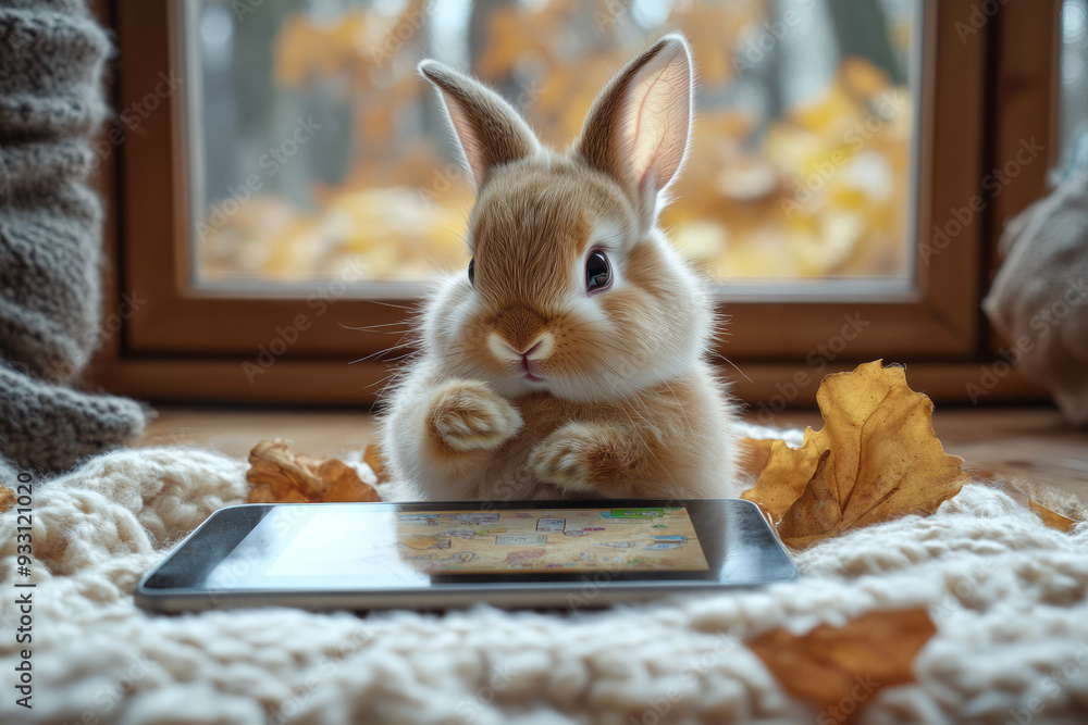 Poster a small bunny tapping on a tablet screen, interacting with a game designed just for animals,