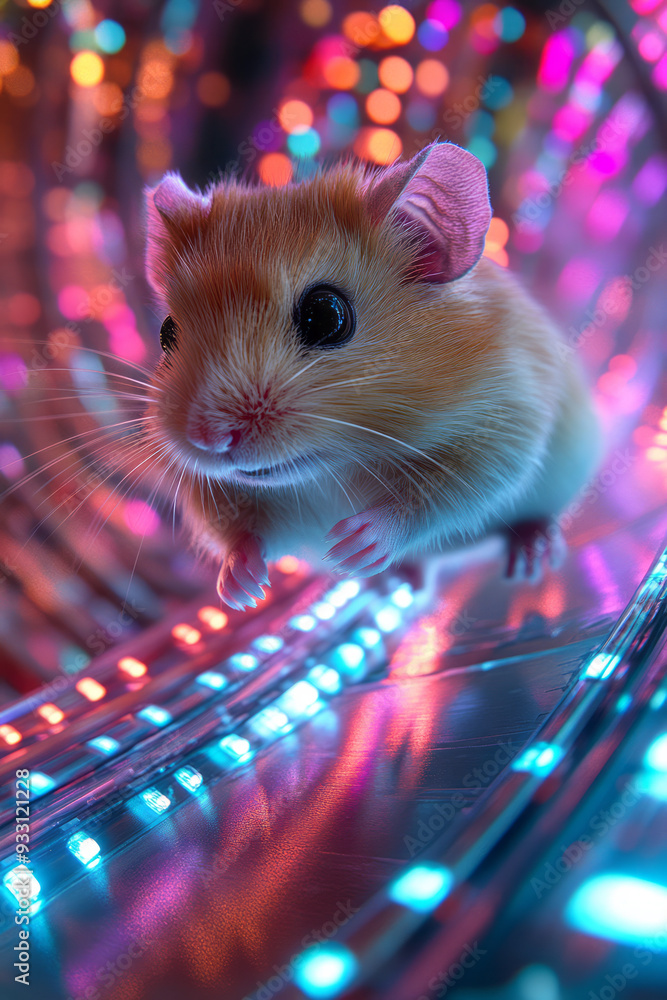 Poster a hamster running in a glowing, high-tech exercise wheel, generating colorful lights with each step,