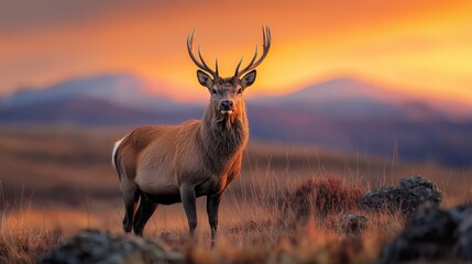 A red deer atop a dry grass field, mountains in the backdrop, cloudy sky overhead