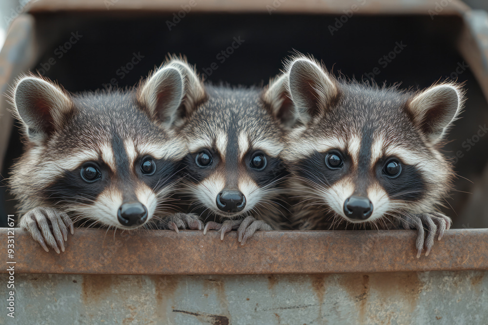 Poster a family of raccoons exploring a smart trash bin that lights up and makes sounds as they investigate