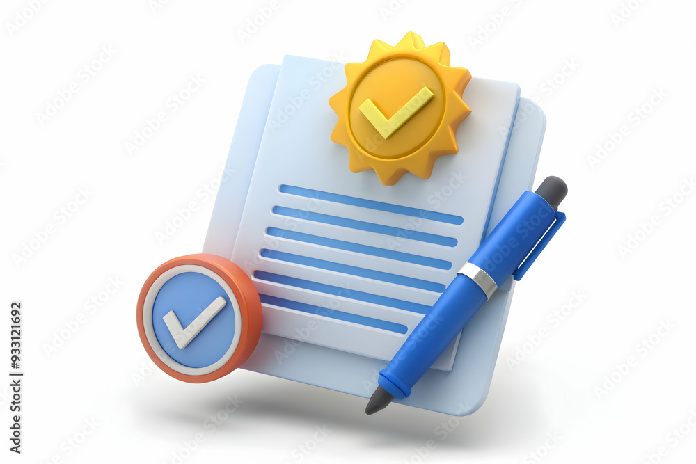 Poster 3d flat icon as warranty certificate and a stamp symbolizing official guarantee with ample space for