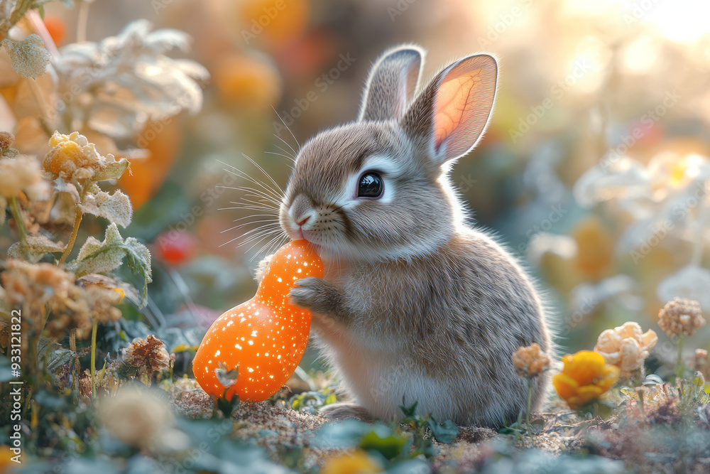 Poster A rabbit nibbling on a smart carrot that lights up in response to touch, creating a playful interaction,