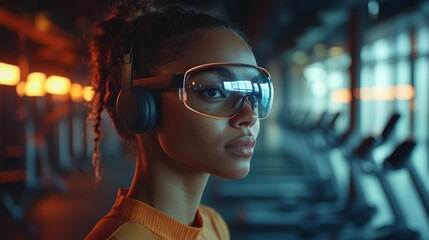 A person uses VR glasses in a gym, fully immersed in a virtual reality experience as the evening light streams in.