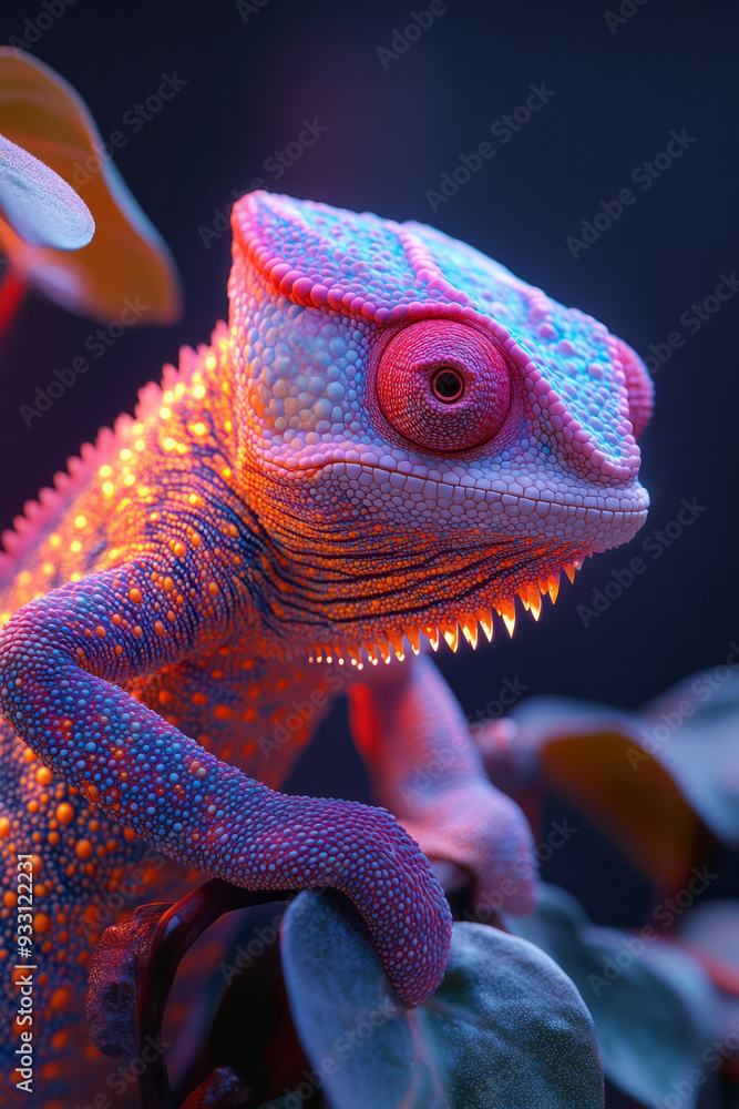 Poster a chameleon changing colors to match the vibrant hues of a holographic display in a futuristic terra