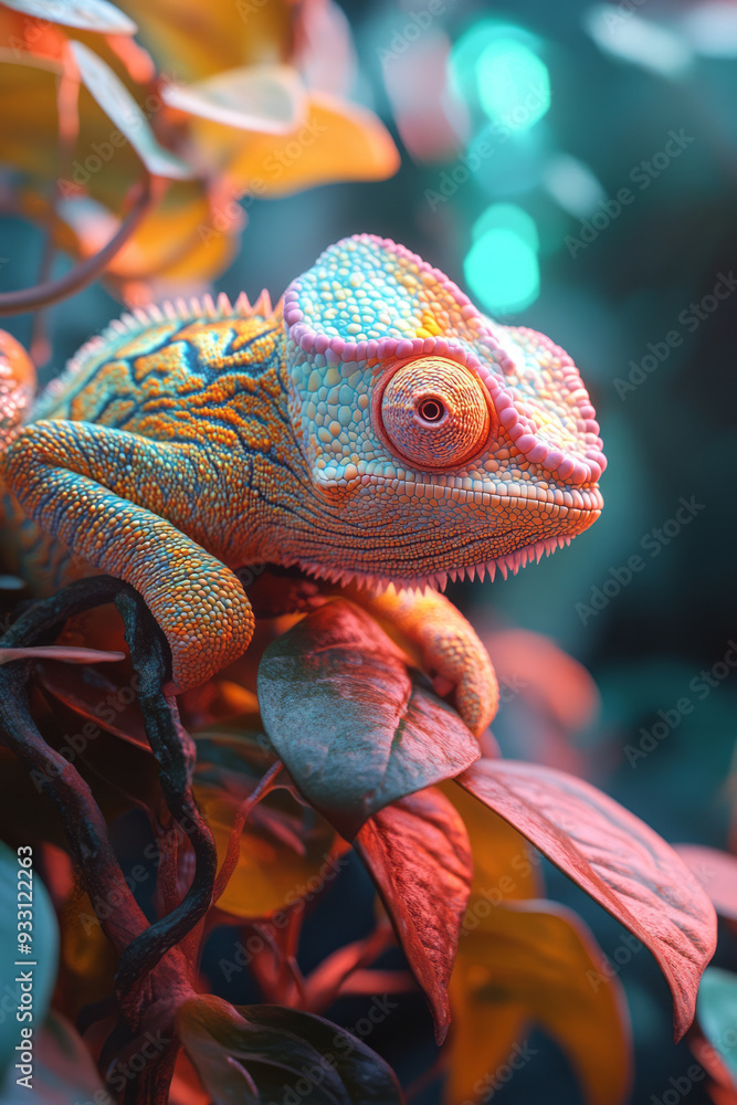Poster a chameleon changing colors to match the vibrant hues of a holographic display in a futuristic terra