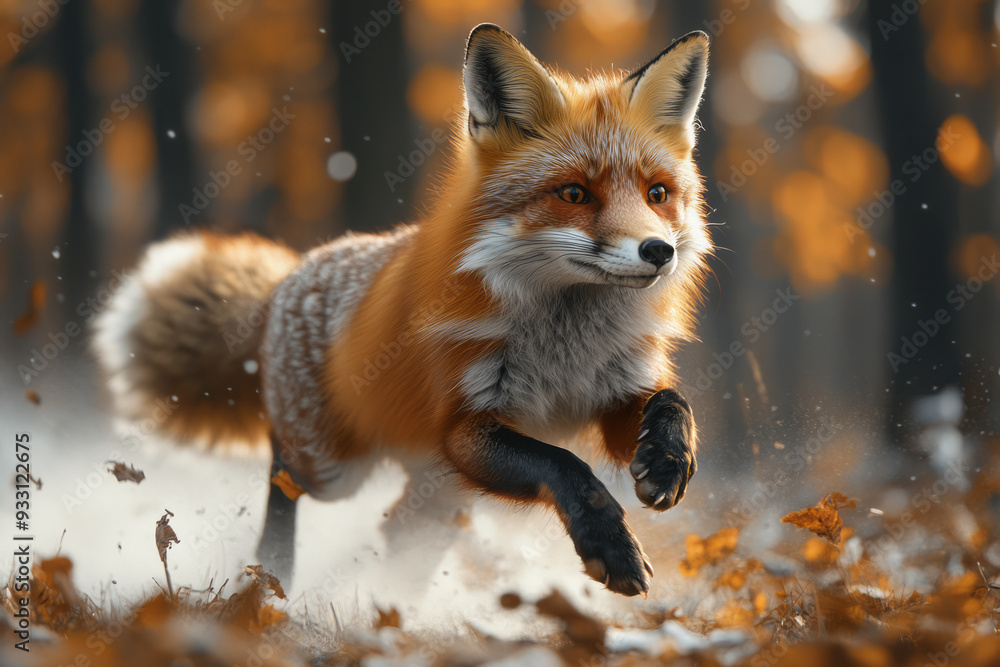 Poster a fox playing in a virtual forest projected onto the walls of a smart home, chasing digital prey,