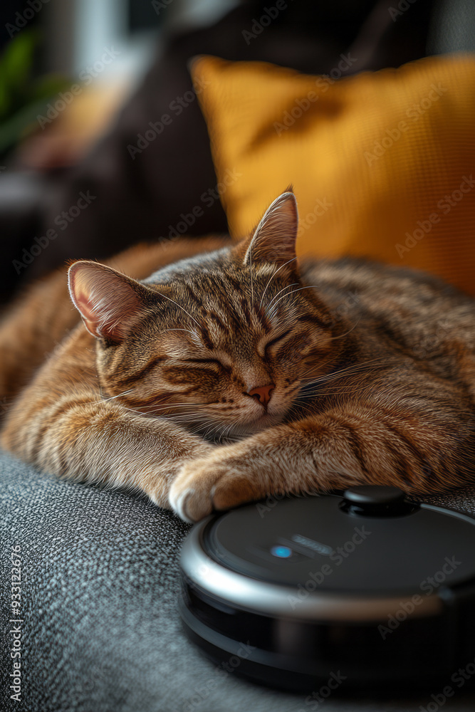 Poster a cat lounging on a robotic vacuum cleaner as it moves around the house, creating a funny and cute s