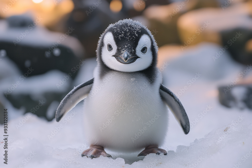 Poster A baby penguin waddling on an interactive ice surface that lights up with every step, creating a playful and engaging environment,