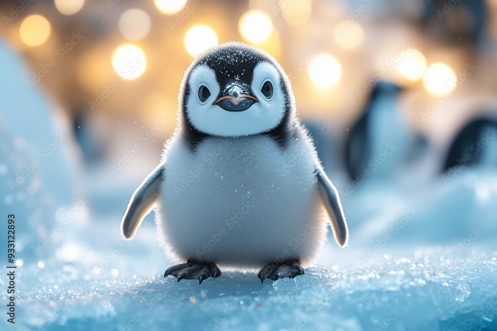 Poster A baby penguin waddling on an interactive ice surface that lights up with every step, creating a playful and engaging environment,