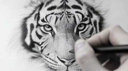  A tight shot of an artist sketching a tiger on a pristine white paper using a pen