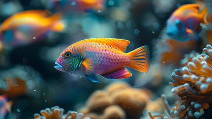 Fototapeta premium Colorful Fish in a Blue and Orange Background Illustration