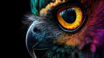 Naklejka premium A tight shot of an owl's vividly patterned face, featuring its intense, multicolored iris