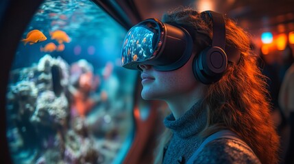 A person wearing VR glasses enjoys an immersive experience, captivated by colorful fish swimming in an aquarium.