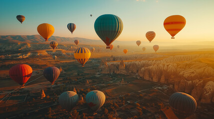 Naklejka premium Aerial view of Cappadocia hot air balloons at sunrise