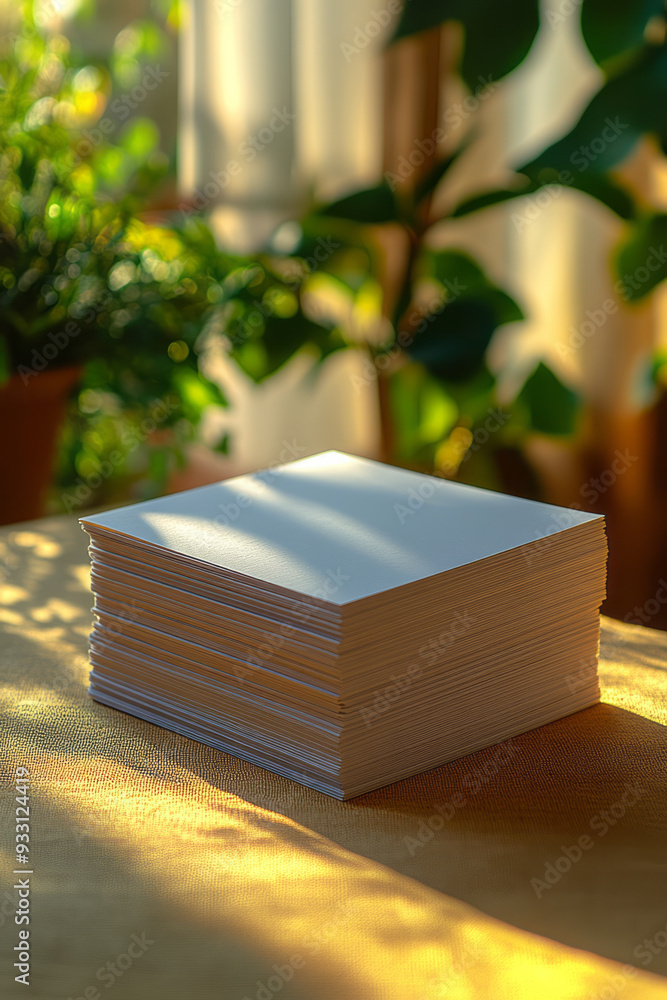Poster A stack of business cards on a pastel beige background, representing networking and business connections,