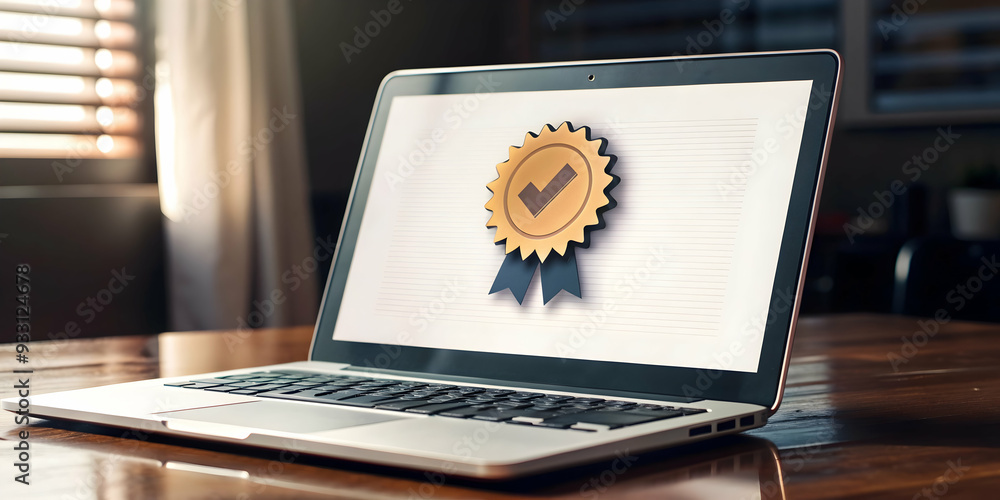 Poster 3d flat icon as warranty paper and a laptop symbolizing digital warranty with ample space for text. 