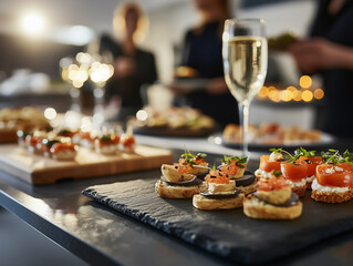 Elegant appetizers paired with champagne at a sophisticated evening gathering