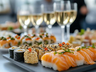 Elegant sushi platter served with champagne at a social gathering