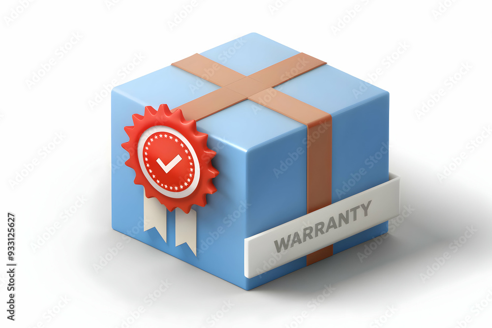 Poster 3d flat icon as warranty sticker and a product box symbolizing guarantee and authenticity with ample