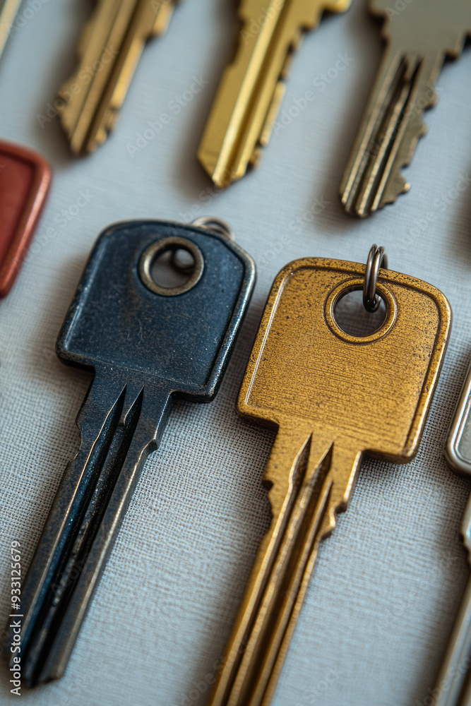 Aufkleber A set of office keys isolated on a pastel beige background, representing access and security in business environments,