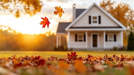 A charming autumn afternoon with falling leaves in front of a lovely house during the golden hour