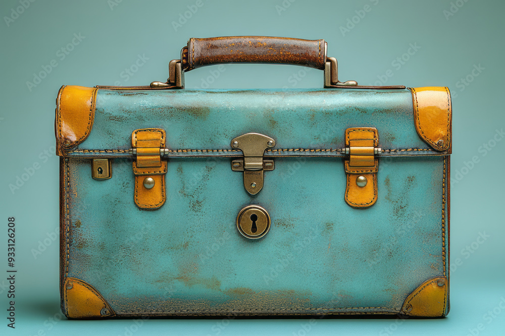 Poster a briefcase with a combination lock isolated on a pastel blue background, symbolizing the security o