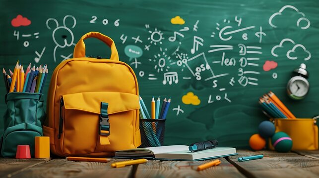 A classroom desk featuring an open, colorful backpack with school supplies spilling out, including notebooks, pens, and a laptop, the background showing a chalkboard filled with equations and doodles,