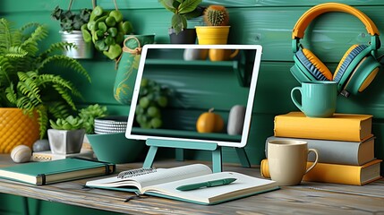 A clean and organized workspace featuring a tablet on a stand, open notebooks, headphones, and a coffee mug, all arranged on a wooden desk, the scene illuminated by warm morning sunlight,