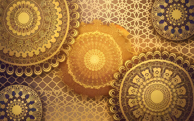 Elegant Background with Golden Mandalas Indian & Muslim Patterns in Intricate Detail.