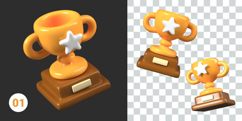Golden cup on wooden stand. Metal precious bowl with star. Set of vector cute 3D templates