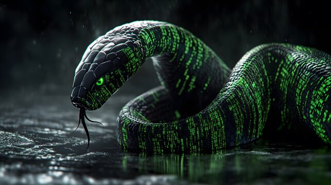 A sleek, black cobra coiled tightly with its hood flared, glowing green digital code cascading down its scales, sharp overhead lighting casting dramatic shadows, the texture of the scales and the